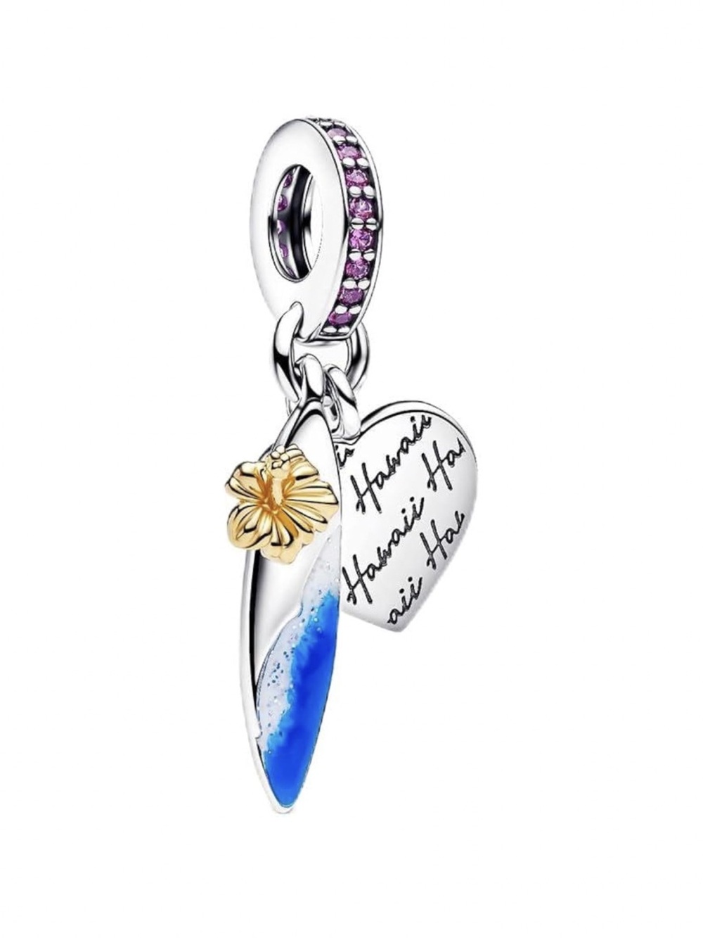 🌺 Sterling Silver Hawaii Surfboard Hibiscus Heart Dangle Charm